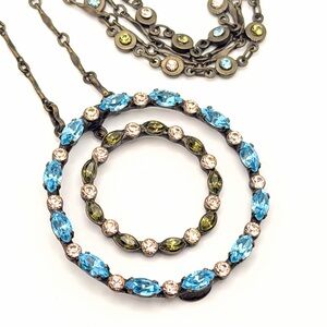 Sorrelli 2Strand Necklace Topaz Blue Peridot Green Crystal Circle Pendant 22–25”